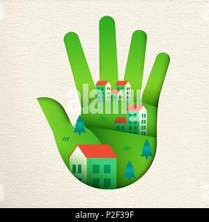 Grün die menschliche Hand in Papier geschnitten Art Style mit eco-freundliche Stadt Landschaft. Smart Home Dorf Konzept für Umweltschutz oder nachhaltige Gemeinschaft. EP Stock Vektor