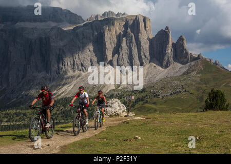 Mountainbiker in der Langkofel Bereich hinter es Sella Gruppe, Trentino Südtirol, Italien Stockfoto