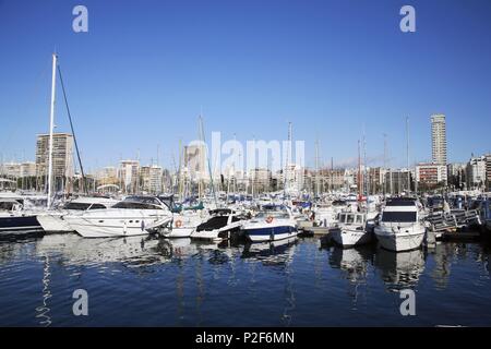 Spanien - Valencia autonome Region - L'ALACANTÍ (Kreis) - Alicante. Alicante (Hauptstadt); Puerto Deportivo; al Fondo La Fachada maritima. Stockfoto