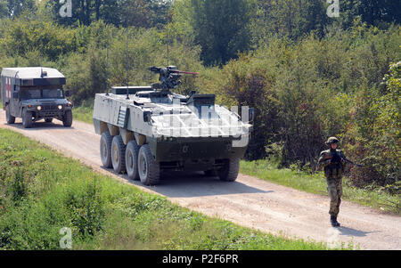 Ein Soldat aus der kroatischen Streitkräfte mobile Infanterie Boden führt ein Patria gepanzerten Modulare Fahrzeug, Sept. 13, 2016, an der Eugen Kvaternik Training Strecke in Slunj, Kroatien, in der Vorbereitung eine Baugruppe Bereich als Teil der Übung sofortige Reaktion 16 belegen. Sofortige Reaktion 16 nutzt computergestützte Simulationen und Übungen aus beiden Ländern, Kroatien und Slowenien. Es wurde entwickelt, um die regionale Stabilität zu stärken, stärken Verbündete und Partner nation Kapazität und Interoperabilität zwischen den Partnerstaaten zu verbessern. (U.S. Armee Foto: Staff Sgt. Opal Vaughn) Stockfoto