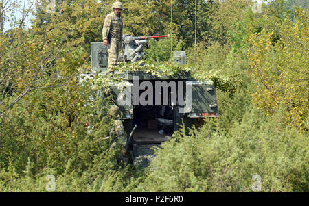 Ein Soldat aus der kroatischen Streitkräfte steht eine Top ein Patria gepanzerten Modulare Fahrzeug, Sept. 13, 2016, das Fahrzeug zu tarnen, während Eugen Kvaternik Training Strecke in Slunj, Kroatien, als Teil der Übung sofortige Reaktion 16. Sofortige Reaktion 16 nutzt computergestützte Simulationen und Übungen aus beiden Ländern, Kroatien und Slowenien. Es wurde entwickelt, um die regionale Stabilität zu stärken, stärken Verbündete und Partner nation Kapazität und Interoperabilität zwischen den Partnerstaaten zu verbessern. (U.S. Armee Foto: Staff Sgt. Opal Vaughn) Stockfoto