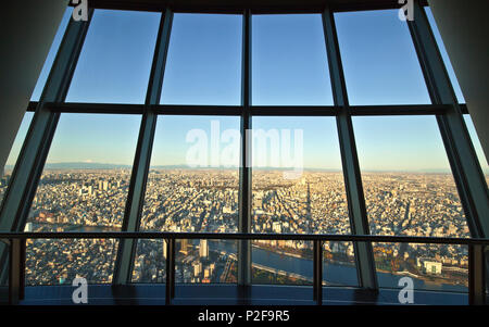 Tokyo mit Sumida River und Mt. Fuji von Skytree durch das Fenster gesehen, Sumida-ku, Tokyo, Japan Stockfoto