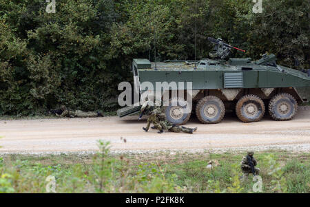 Soldaten aus der kroatischen Streitkräfte mobile Infanterie, Verschieben einer simulierten verletzten Soldaten in Sicherheit die Durchführung von Übungen in Kontakt zu reagieren, Sept. 20, 2016, während der Höhepunkt Schulungsveranstaltung im Rahmen der Übung sofortige Reaktion 16, an der Eugen Kvaternik Training Strecke in Slunj, Kroatien. Sofortige Reaktion 16 nutzt computergestützte Simulationen und Übungen aus beiden Ländern, Kroatien und Slowenien. Es wurde entwickelt, um die regionale Stabilität zu stärken, stärken Verbündete und Partner nation Kapazität und Interoperabilität zwischen den Partnerstaaten zu verbessern. (U.S. Armee Foto von Staf Stockfoto