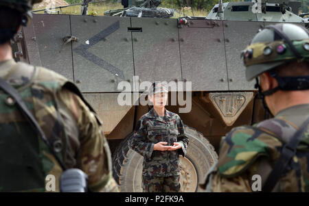 Die slowenischen Streitkräfte Brig. Gen. Franica Ermenc, stellvertretender Generalstabschef, Leiter der Joint Operations Division, Adressen, Truppen von der slowenischen Streitkräfte 74. motorisierten Bataillon, Sept. 20, 2016, nach Abschluss der Höhepunkt Schulungsveranstaltung im Rahmen der Übung sofortige Reaktion 16, an der Eugen Kvaternik Training Strecke in Slunj, Kroatien. Sofortige Reaktion 16 nutzt computergestützte Simulationen und Übungen aus beiden Ländern, Kroatien und Slowenien. Es wurde entwickelt, um die regionale Stabilität zu stärken, stärken Verbündete und Partner nation Kapazität, Stockfoto