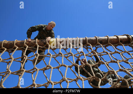 Ein vom Hotel Company, 2. rekrutieren Ausbildung Bataillon rekrutieren, klettert über einen Cargo Net Hindernis während Vertrauen Kurs II bei Marine Corps Recruit Depot San Diego, Sept. 13. Rekruten werden angewiesen, an die Spitze der Hindernis zu klettern und ein niedriges Profil pflegen, während über Klettern. Jährlich mehr als 17.000 Männer aus den westlichen Recruiting Region rekrutiert werden an MCRD San Diego ausgebildet. Hotel Company ist Absolvent 9. November geplant. Stockfoto
