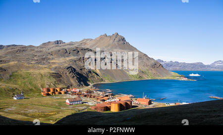 Ehemalige whaler station Grytviken, King Edward Cove, Cumberland East Bay, Südgeorgien, Südliche Sandwichinseln, Britisches Überseegebiet Stockfoto