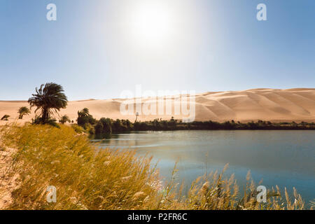 Mandara-Seen in den Dünen von Ubari, Oase Umm el Ma, libysche Wüste, Libyen, Sahara, Nordafrika Stockfoto