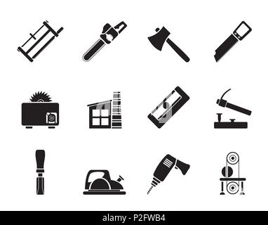 Silhouette holzverarbeitende Industrie und Werkzeuge für die Holzbearbeitung Symbole - Vektor Icon Set Stock Vektor