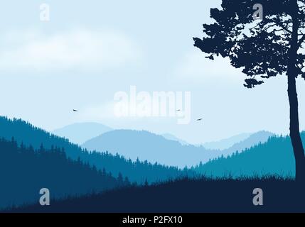 Berglandschaft mit Wald und Hügel, unter blauem Himmel mit Wolken und Vögel - Vektor mit Platz für Ihren Text Stock Vektor