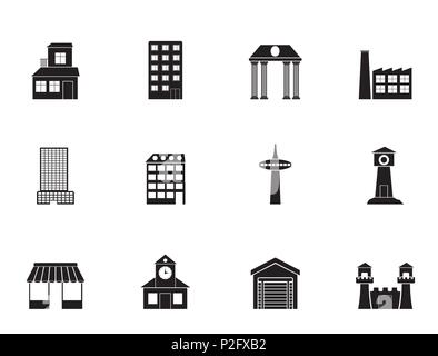 Silhouette unterschiedlicher Art des Gebäudes und der Stadt Symbole - Vektor Icon Set Stock Vektor