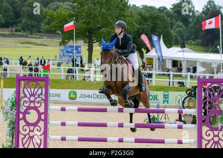 Bolesworth, Cheshire. 14 Jun, 2018. 553 521 Arianna Kuligowski, Coc Fino (CSIAm - zwei Phasen). Pferd, Zaun, Reitsport, Tiere, Sport, Wettbewerb, Springen, Pferde, Reiter, show, Hindernis, Hürde, Reiten, Event, Hengst, Meister, Springen, Jockey, Reiten, Reitsport, Reiter an der Schildknappe Bolesworth International Horse Show. Kredit MediaWorldImages/AlamyLiveNews. Stockfoto