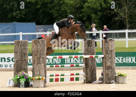 Bolesworth, Cheshire. 14 Jun, 2018. Amelia Milne, Kung Fu Van't Heike (CSIAm - zwei Phasen). Pferd, Zaun, Reitsport, Tiere, Sport, Wettbewerb, Springen, Pferde, Reiter, show, Hindernis, Hürde, Reiten, Event, Hengst, Meister, Springen, Jockey, Reiten, Reitsport, Reiter an der Schildknappe Bolesworth International Horse Show. Kredit MediaWorldImages/AlamyLiveNews. Stockfoto