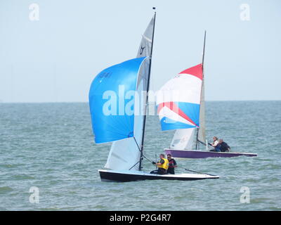 Sheerness, Kent, Großbritannien. 15 Juni, 2018. UK Wetter: einen hellen und sonnigen Nachmittag in Sheerness, Kent. Die Osprey Class Association an einem Tag der Ausbildung auf der Insel Sheppey Sailing Club. Die Osprey ist ein leistungsstarker Jolle für eine Besatzung von zwei. Credit: James Bell/Alamy leben Nachrichten Stockfoto