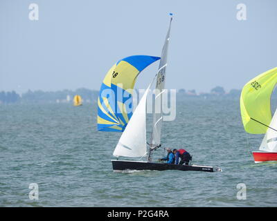 Sheerness, Kent, Großbritannien. 15 Juni, 2018. UK Wetter: einen hellen und sonnigen Nachmittag in Sheerness, Kent. Die Osprey Class Association an einem Tag der Ausbildung auf der Insel Sheppey Sailing Club. Die Osprey ist ein leistungsstarker Jolle für eine Besatzung von zwei. Credit: James Bell/Alamy leben Nachrichten Stockfoto