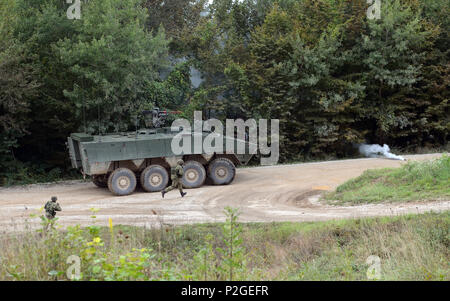 Soldaten aus der kroatischen Streitkräfte mobile Infanterie Verhalten reagieren Bohrer zu kontaktieren, Sept. 20, 2016, während der Höhepunkt Schulungsveranstaltung im Rahmen der Übung sofortige Reaktion 16, an der Eugen Kvaternik Training Strecke in Slunj, Kroatien. Sofortige Reaktion 16 nutzt computergestützte Simulationen und Übungen aus beiden Ländern, Kroatien und Slowenien. Es wurde entwickelt, um die regionale Stabilität zu stärken, stärken Verbündete und Partner nation Kapazität und Interoperabilität zwischen den Partnerstaaten zu verbessern. (U.S. Armee Foto: Staff Sgt. Opal Vaughn) Stockfoto