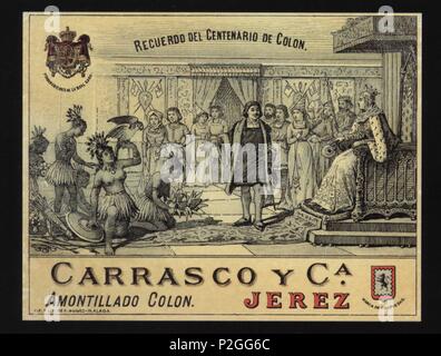 Tarjeta Postal. Reproducción de una etiqueta de Vino de Carrasco y Cía.de Jerez de la Frontera, de 1892, conmemorando El cuarto Centenario del descubrimiento de América por Cristóbal Colón. Stockfoto