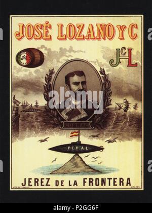 Tarjeta Postal. Reproducción de una etiqueta de Vino de José Lozano y Cía.de Jerez de la Frontera, Dedicada a Isaac Peral, Científico, Marino y militar Español, Erfinder del Submarino torpedero propulsado por energía eléctrica. Stockfoto