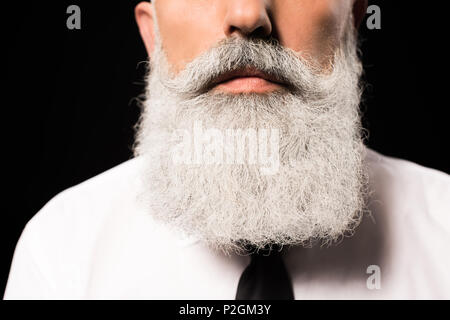 7/8 Schuß von einem Mann in einem weißen Hemd mit langen grauen Haaren Bart Stockfoto