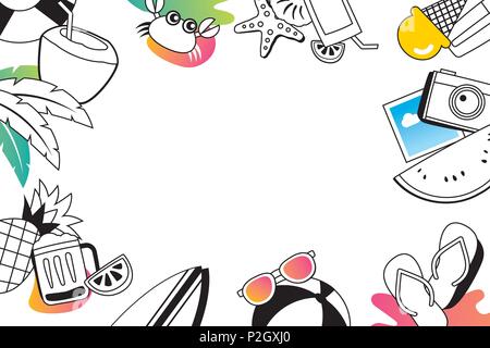 Sommer doodles Symbol und Symbol Objekte Elemente mit Platz für Text. Hand gezeichneten Stil. Verwenden Sie für Etiketten, Aufkleber, Plaketten, Poster, Flyer, Banner, illust Stock Vektor