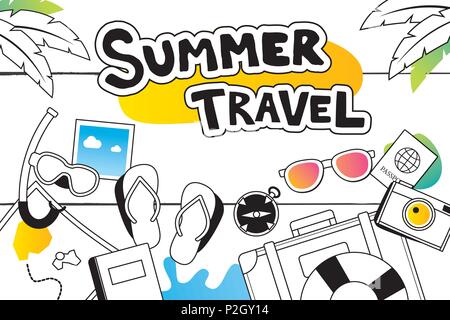 Sommer reisen doodle Symbol und Objekte Icon Design für Strand Hintergrund. Vektor in der hand Stil gezeichnet. Verwenden Sie für Etiketten, Aufkleber, Plaketten, Poster, Flyer, Stock Vektor