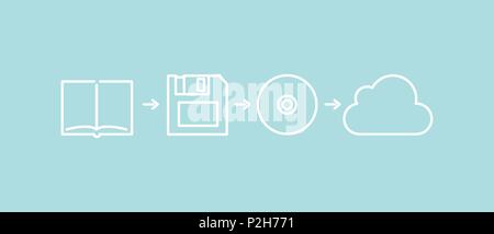 Vector Illustration einer Datenspeicherung Evolution - Stand der Informationen Kompression von einem Buch aus Papier durch Disketten und Cds zu Internet c Stock Vektor