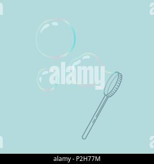 Vector Abbildung: bunte Seifenblasen mit Gebläse Stick - Minimale iilustration auf blauem Hintergrund Stock Vektor