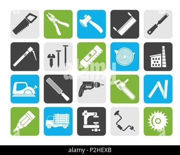 Silhouette Zimmerei, Holzeinschlag und Holzverarbeitung Symbole - Vektor Icon Set Stock Vektor