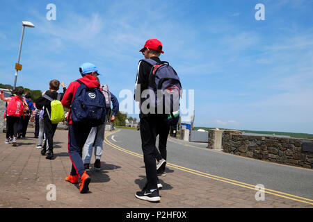 Ansicht der Rückseite des Kinder auf Klassenfahrt auf einem blauen Himmel Frühling Outing in Pembrokeshire West Wales UK KATHY DEWITT Stockfoto