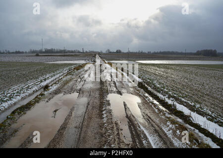 Schlecht Frühjahr Ackerland Straße mit Wasserpfützen und Eis Stockfoto