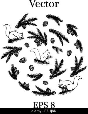Vektor einrichten von Wald Elemente: Eichhörnchen, kiefer Zweige und Zapfen. Stock Vektor