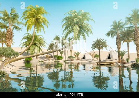 Oasis und Palmen in Wüste und Reisenden Camps, 3D-Rendering Stockfoto