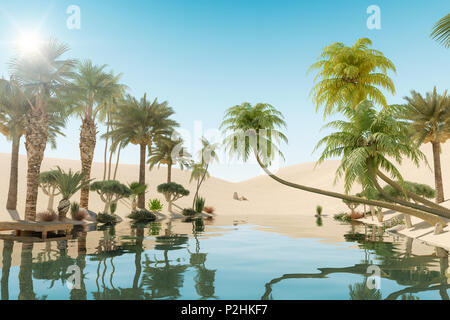 Oasis und Palmen in Wüste, 3D-Rendering Stockfoto