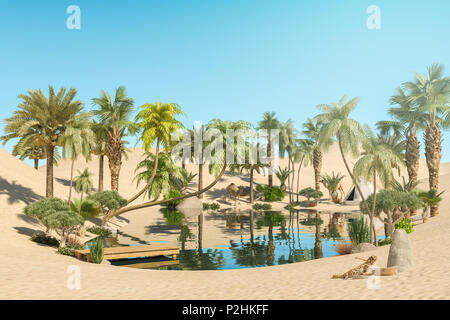 Oasis und Palmen in Wüste und Reisenden Camps, 3D-Rendering Stockfoto