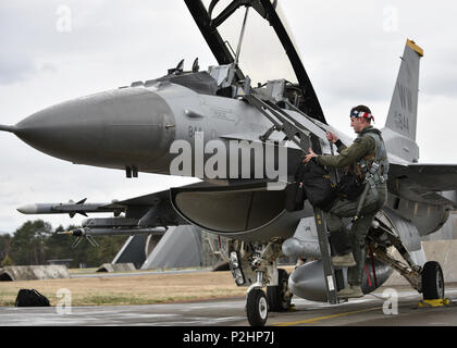 Kapitän Dakota Newton, ein 14 Fighter Squadron Normen und Bewertungen Liaison Officer, Klettert eine Leiter ins Cockpit einer F-16 Fighting Falcon vor Beginn der bilateralen Übung namens Seikan Krieg Misawa Air Base, 19. April 2017. Übungen wie diese funktionsunfähigkeit zwischen der Luftwaffe und Japan Air Selbstverteidigungsstreitkräfte und zeigen die langjährige militärische Partnerschaft und das Engagement zwischen den beiden Nationen die Gewährleistung von Sicherheit und Stabilität in der gesamten Indo Asia Pacific Region verbessern. (U.S. Air Force Foto: Staff Sgt. Melanie A. Hutto) Stockfoto