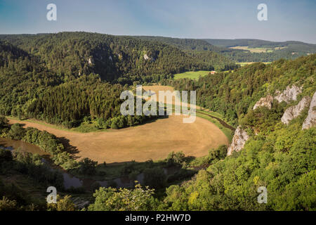 Der jungen Donau fließt entlang der felsigen Donautal, Naturpark Obere Donau, Sigmaringen, Tuttlingen, Zollernal Stockfoto