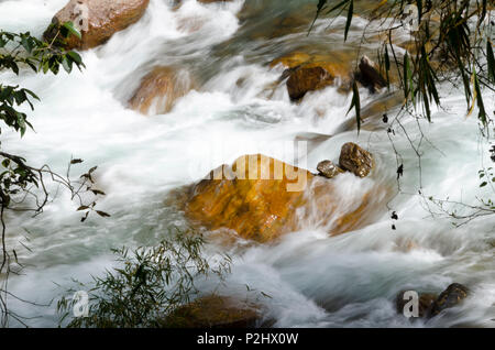 Rock in Stromschnellen in Fluss in der Nähe, Bambus Lodge, Langtang Tal, Nepal Stockfoto