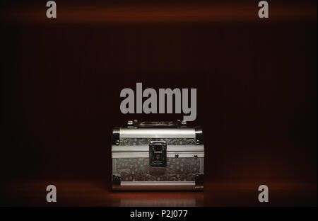 Einen kleinen silbernen Koffer in Holzbox, Detailansicht. Stockfoto