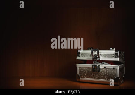 Einen kleinen silbernen Koffer in Holzbox, Detailansicht. Stockfoto