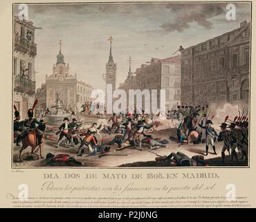 Gravur. 2. Mai 1808. Mit dem Französisch an der Puerta del Sol. Madrid, Royal Palace Bibliothek. Lage: PALACIO REAL - BIBLIOTECA, SPANIEN. Stockfoto