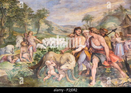 Rom, Italien. Die Kapitolinischen Museum. Diagnose der Wölfin mit Romulus und Remus, ein Fresko in der Großen Halle, auch bekannt als Horatii und Curatii
