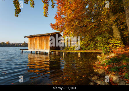 Boot Häuser am See Wesslinger Siehe im Herbst, Indian Summer, Starnberger Fünf Seen, Landkreis Starnberg, Bayerische Alpen fo Stockfoto