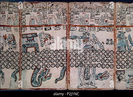 Seite des Codex Tro-Cortesianus Codex oder Madrid Maya Codex. Götter und Menschen. 13. und 15. Jahrhundert. Madrid, Museum von Amerika. Lage: das Museo DE AMERICA - COLECCION, MADRID, SPANIEN. Stockfoto