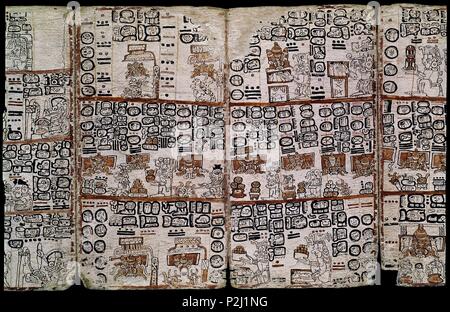 Seite des Codex Tro-Cortesianus Codex oder Madrid Maya Codex. Götter und Menschen. 13. und 15. Jahrhundert. Madrid, Museum von Amerika. Lage: das Museo DE AMERICA - COLECCION, MADRID, SPANIEN. Stockfoto