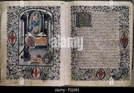 MINIATURA Y PAGINA DE TEXTO DE UNA OBRA DE SENECA-MS201-DE LA PROVIDENCIA - CODICE DEL SIGLO XV-F 4V/5R-TRADUCCION DE ALONSO DE CARTAGENA. Thema: SENECA. Ort: UNIVERSIDAD BIBLIOTECA, Salamanca, Spanien. Stockfoto