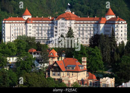 Tschechische Republik, Karlovy Vary, Skyline, allgemeine Ansicht, Luftaufnahme, Hotel Imperial, Stockfoto