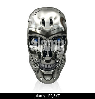 Roboter skull mit metallischen Oberfläche und blau leuchtende Augen auf Seitenansicht, auf weißem Hintergrund Stockfoto