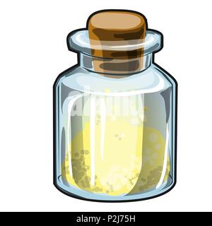 Transparente Glas Glas mit Korken mit gelben kristalline Substanz auf weißem Hintergrund. Vektor cartoon Close-up Abbildung. Stock Vektor
