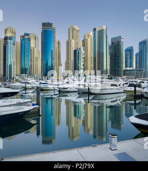 Yachten im Hafen an der Dubai Marina und Wolkenkratzer, Dubai, Vereinigten Arabischen Emirate, VAE Stockfoto