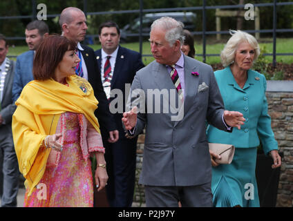 Der Prinz von Wales und die Herzogin von Cornwall mit dem Minister für Kultur, des Erbes und der Gaeltacht, Josefa Madigan (links), wie Sie ankommen für einen Garten Party in Killarney House als Teil ihrer Tour der Republik Irland. Stockfoto