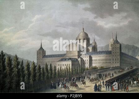 Militärische Parade vor Fernando VII am Escorial. Madrid, öffentliches Museum. Autor: Léon Auguste Asselineau (1808-1889). Lage: MUSEO DE HISTORIA - GRABADOS COLOREADOS, MADRID, SPANIEN. Stockfoto